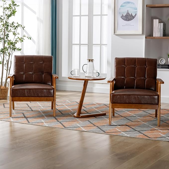 PU Leahter Accent Chair Set of 2 Mid-Century Modern Armchair with Solid Wood Armrests Button-Tufted Comfortable Cushioned Reading Chairs for Living Room Bedroom (Brown