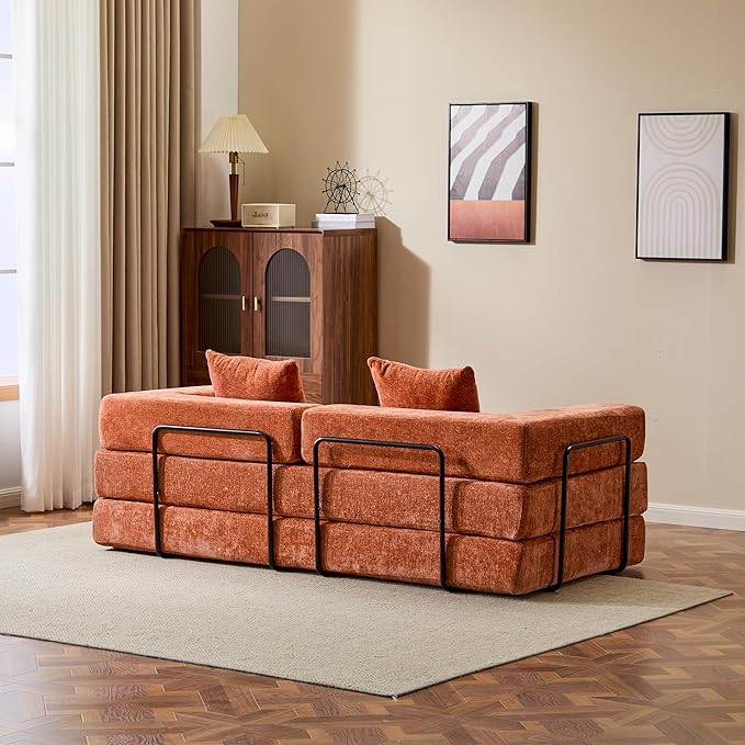 Folding Convertible Sofa Bed 4-in-1 Boneless Couch Sleeper Sofa 76.8'' Chenille Foldable Mattress Couch with Fixed-Shape Frame Floor Sofas Modular Futon Couches for Living Room Orange