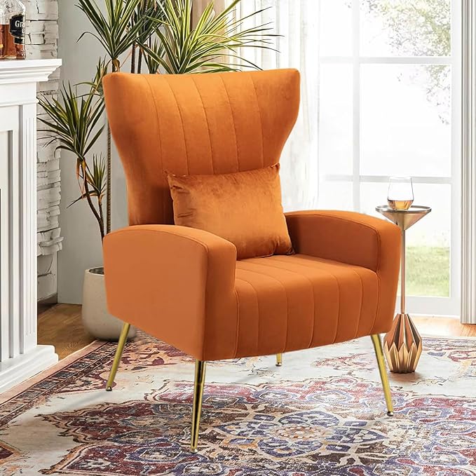 Modern Accent Chairs Set of 2 Wingback Chair with Arm &amp Gold Legs Living Room Bedroom Side Chair with Lumbar Pillow Velvet Upholstered Channel Tufted Orange