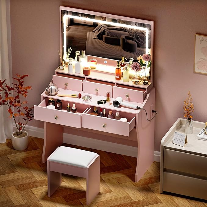 COMHOMA Makeup Vanity Desk with Mirror and Lights Vanity Table and Chair Set with 5 Drawers and Charging Station Bedroom Dresser LED Mirror Stepless Dimmable &amp 3 Color Modes Adjustable Pink