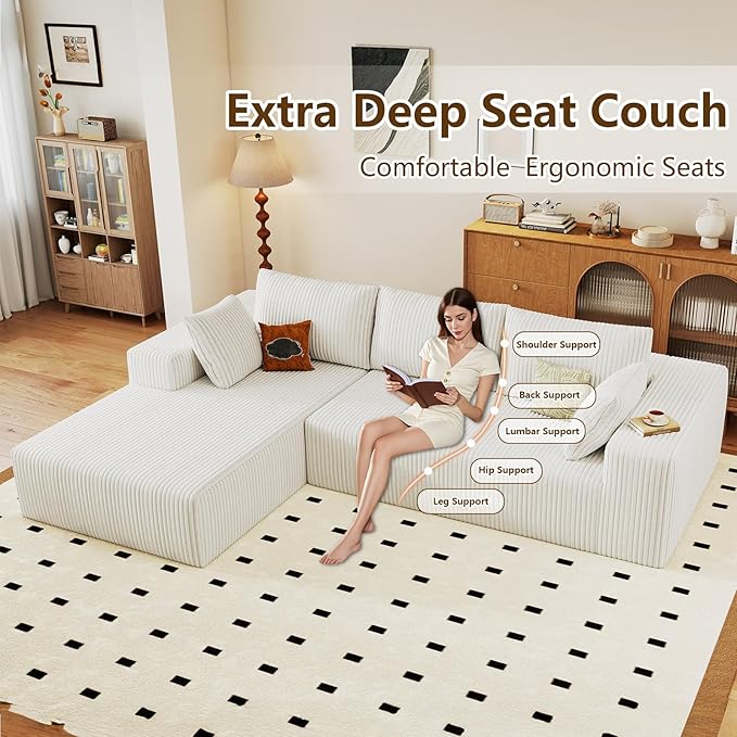 96 Modular Sectional Couch Boneless L Shaped Cloud Sofa with Chaise Lounge Corduroy Upholstered Couches Memory Foam Deep Seat No Assembly Required Ideal for Living Room(White Left Facing)