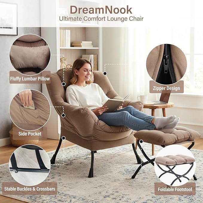 Lazy Chair with Ottoman Modern Accent Chair with Lumbar Pillow Velvet Khaki Sofa Armchairs with Folding Footrest Oversized Supportive Chairs for Bedroom Reading