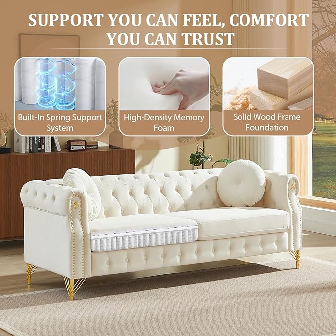 Chesterfield Velvet Button Tufted Sofa 2-Pieces 82&ampChair Modern 7-Deep Seater Couch Retro Style Upholstered Comfy Sectional Sofa for Living Room Bedroom Apartment Office Beige