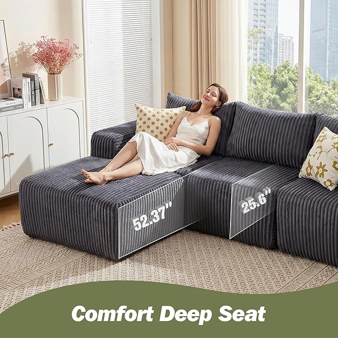 101 Boneless Cloud Modular Sectional Sofa L-Shaped Memory Foam Couch with Reversible Chaise Corduroy Upholstered Sofa in a Box No Assembly Required for Living Room &amp Apartment (Dark Gray 101i