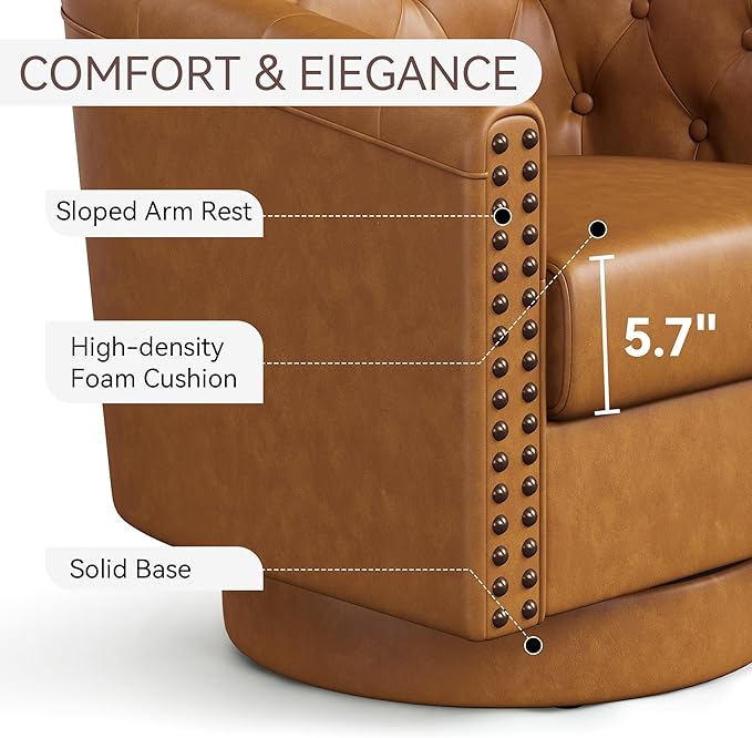 Swivel Barrel Accent ChairRound Nailhead Faux Leather Living Room Arm ChairsModern Upholstered Comfty Reading Nook Chairs for BedroomSmall Club ArmchairSingle Sofa Side ChairCaramel Brown
