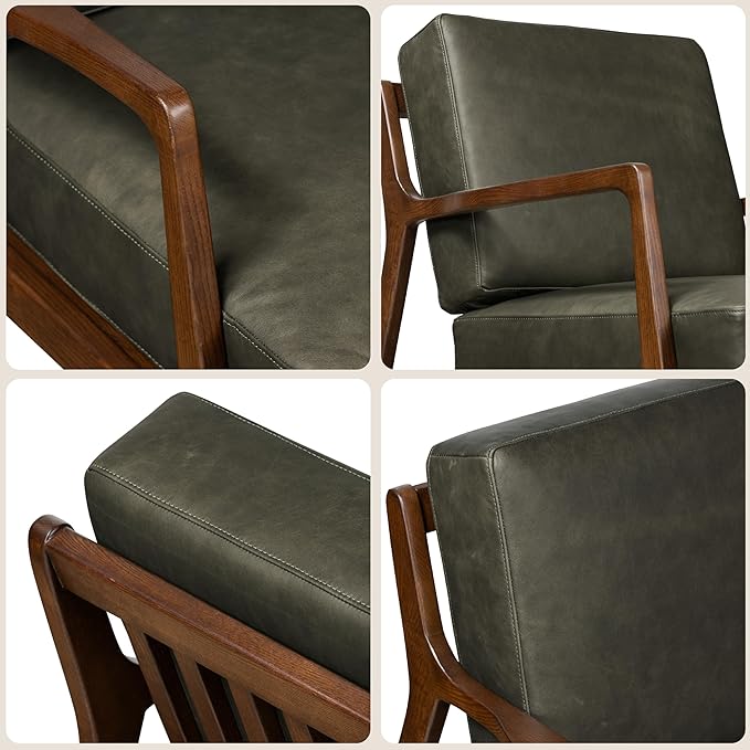 Poly &amp Bark Verity Leather Accent Chair – Armchair with Walnut Wood Frame – Fashion-Forward Lounge Seating for Living Room – Upholstered in Olivine Green Leather for Modern Style
