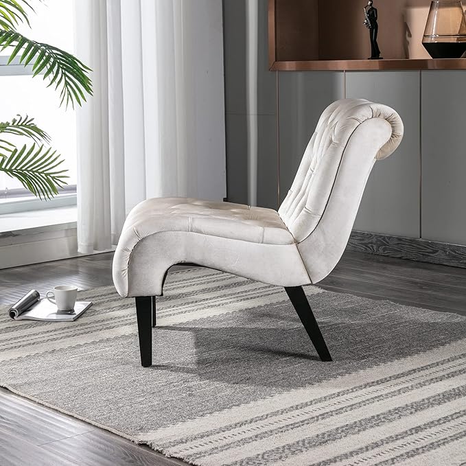 Yoluckea Modern Upholstered Accent Chair S-Shape Armless Lounge Chair for Bedroom Living Room Comfy Velvet Chaise Chairs with Button Tufted Back and Solid Wood Legs Beige