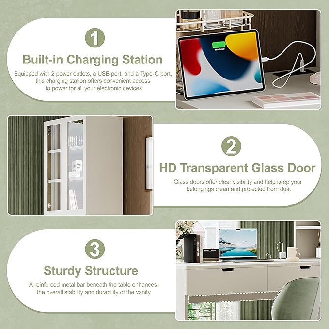 2-in-1 L-Shape Home Office Desk with Flip-top Mirror and Charging Station Studry Table with Hutch Computer Desk with 3 Drawers 8 Hidden Storage 2 Cabinets and Open Shelves (White)
