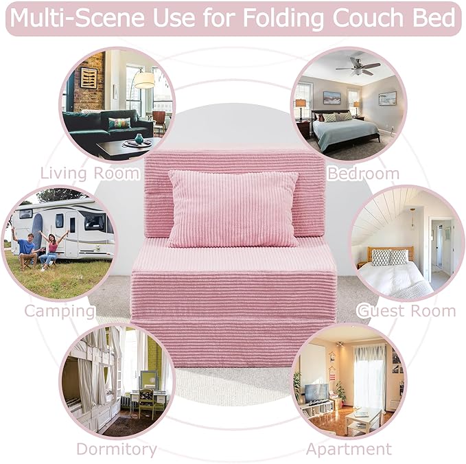 Folding Sofa Bed 4 in 1 Convertible Sleeper Chair with Pillow Single Memory Foam Fold Out Chair Bed Modern Floor Futon Sofa Couch Mattress for Living Room/Guest/Apartment Pink