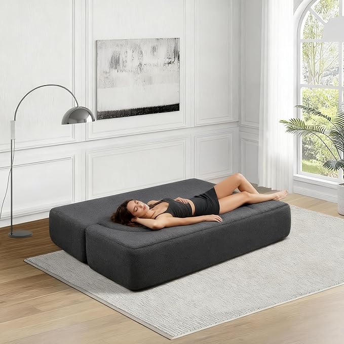 Convertible Folding Sofa Bed79”Full Size Floor Sleeper Boneless CouchTeddy Velvet Full Foam Futon Loveseat for Living Room BedroomNo Assembly Required (Black)