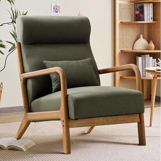 INZOY Mid Century Modern Accent Chair with High Back Upholstered Living Room Chairs with Waist Cushion Wood Frame Reading Armchair for Bedroom Sunroom Green