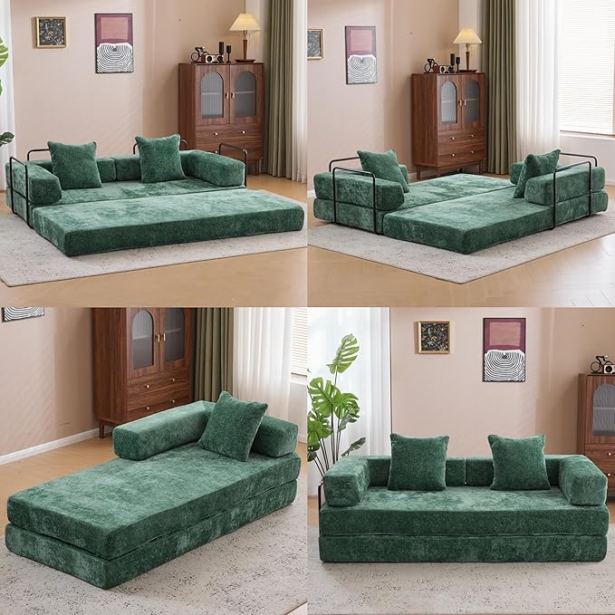 Convertible Floor Sofa Bed Fold Out Floor Couch with Pillow Back &amp Armrest Compressed Couch with Fixed-Shape Frame Chenille Foldable Sleeper Sofa Bed for Living Room Bedroom Dark Green