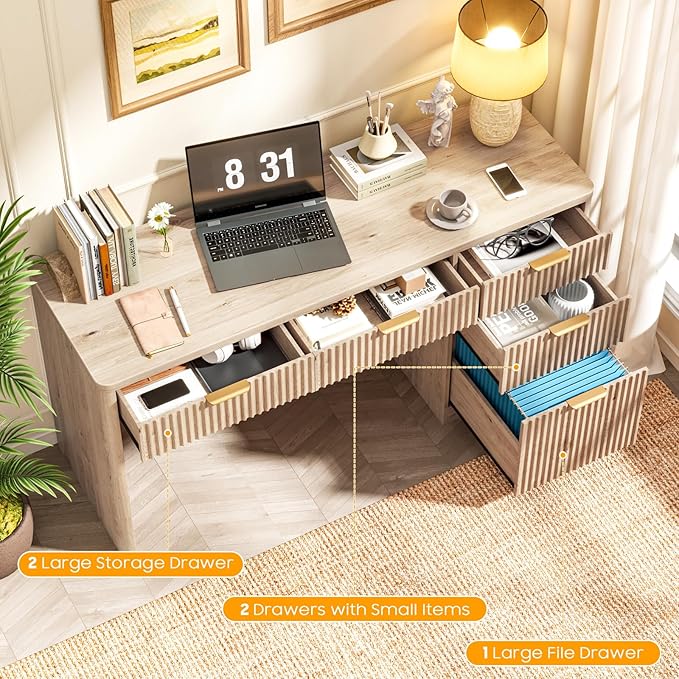 59 Fluted Executive Desk with Adjustable File Drawer Workstation Computer Desk with 4 Storage Drawers for Home Office