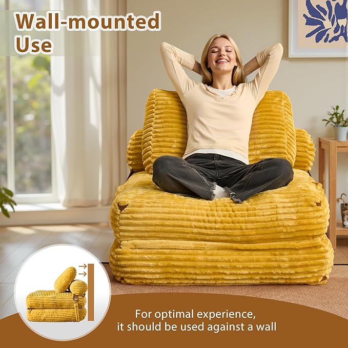 75'' Foldable Sofa Bed Convertible Sleeper Sofa with Pillow Boneless Corduroy Foldable Couch Bed Single Sleeper Chair for Small Spaces Living Room Bedroom StudioYellow