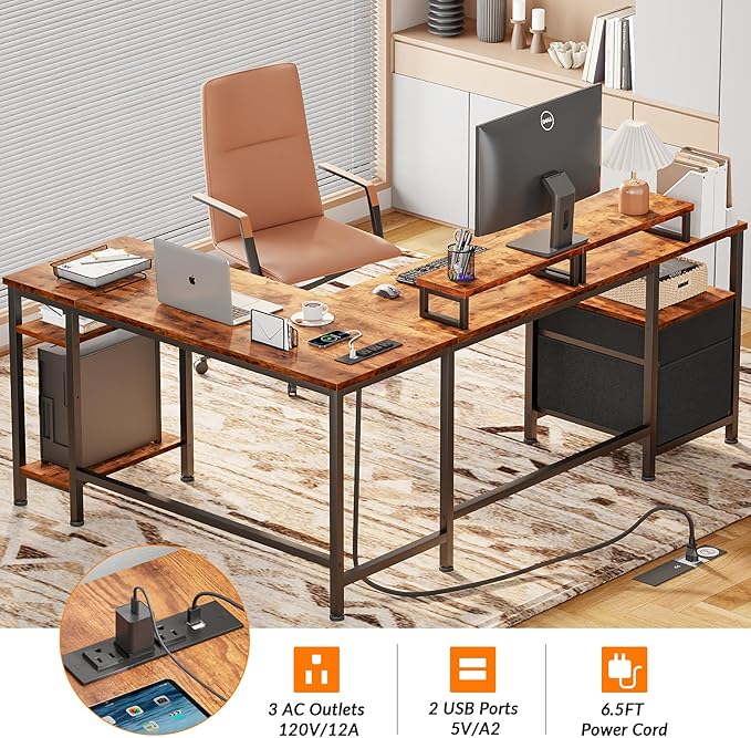 Furologee 66” L Shaped Desk with Power Outlet Reversible Computer Gaming Desk with File Drawer &amp 2 Monitor Stands for Home Office with Storage Shelves Rustic Brown