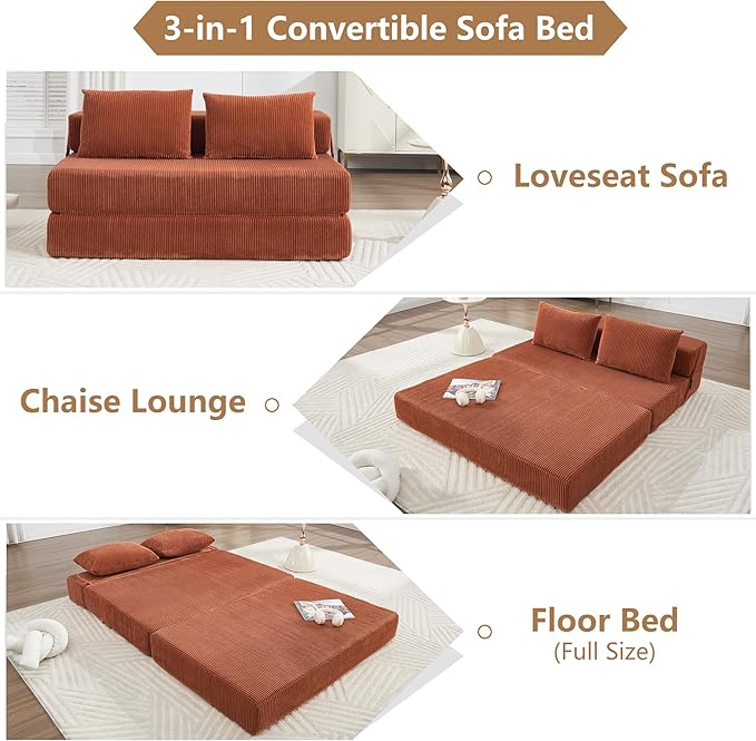 KIVENJAJA Folding Sofa Bed Full Size 3-in-1 Convertible Sleeper Sofa Corduroy Foldable Boneless Floor Futon Couch with Backrest &amp Pillows for Home Living Room Office Apartment Small Spaces Oran