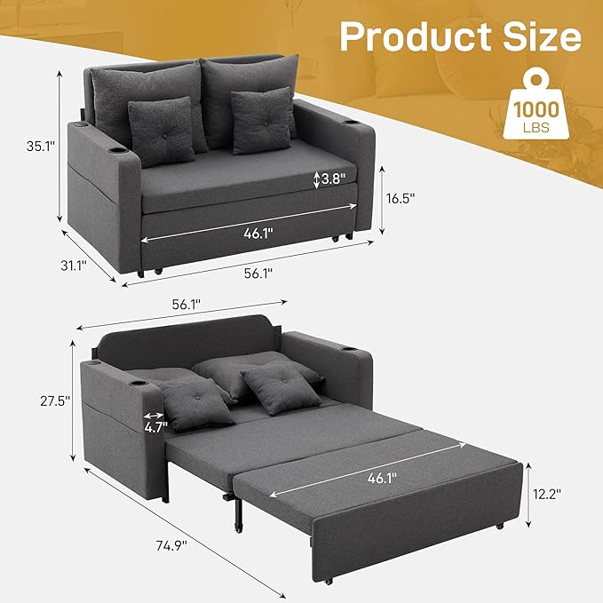 3 in 1 Convertible Sofa Bed 56 Full Size Loveseat Sleeper Sofa Couch Bed Sleeper Sofa Bed with Storage Pocket USB Comfy Pull Out Sofa Bed for Living Room Bedroom Small Space Dark Grey