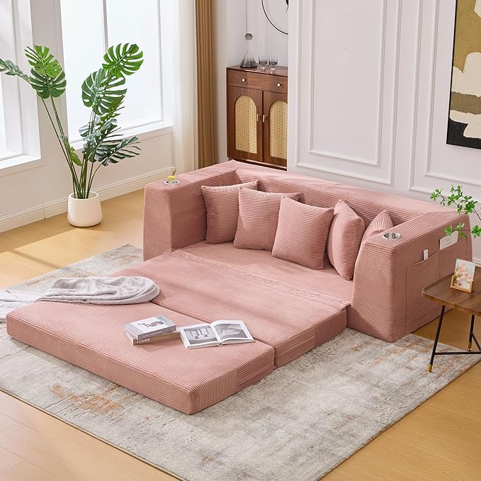 82'' Convertible Sofa Bed 2-in-1 Boneless Sleeper Sofa with Cup Holder &amp Pocket Corduroy Loveseat Sleeper Couch with 5 Pillows Pull Out Couch for Living Room Bedroom No Assembly (Pink)