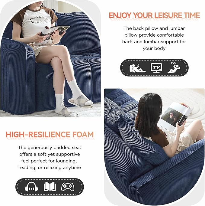 66'' Boneless Corduroy Loveseat Sofa 2 Seater Tufted Deep Seat Couch with Rounded Armrest Upholstered Cloud Couch for Living Room Bedroom No Assembly Navy