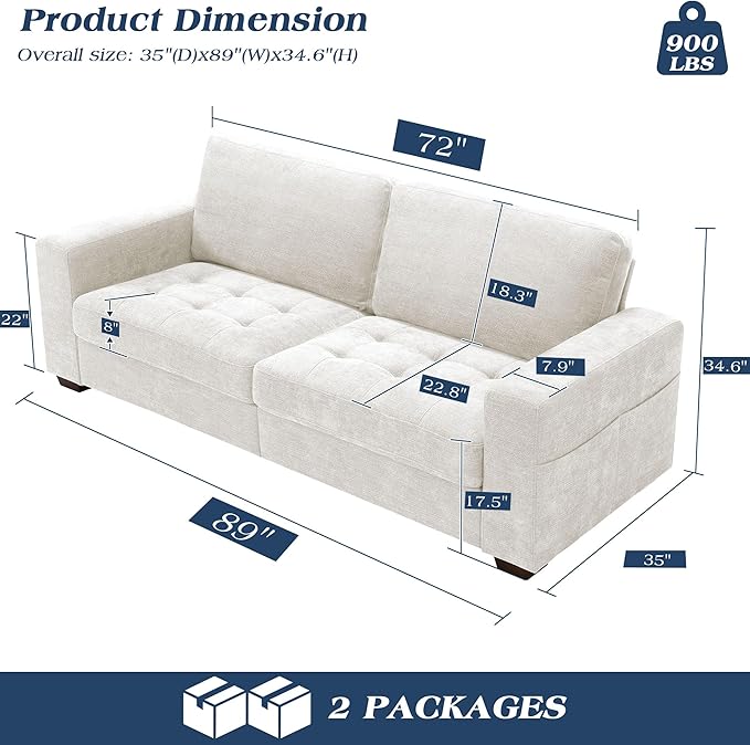 WorthFurni Sofas for Living Room Chenille Loveseat Couch Set Small Modern Sofa USB Charging Removable Sofa CoverSolid Wood Frame Easy to Install(89inchWhite)