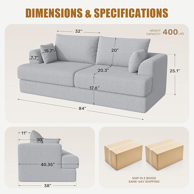 84” Loveseat Sofa Set of 2 Boneless Modular Sofa Couches for Living Room Cloud Couch with Deep SeatEasy Assembly for Small SpacesGreen