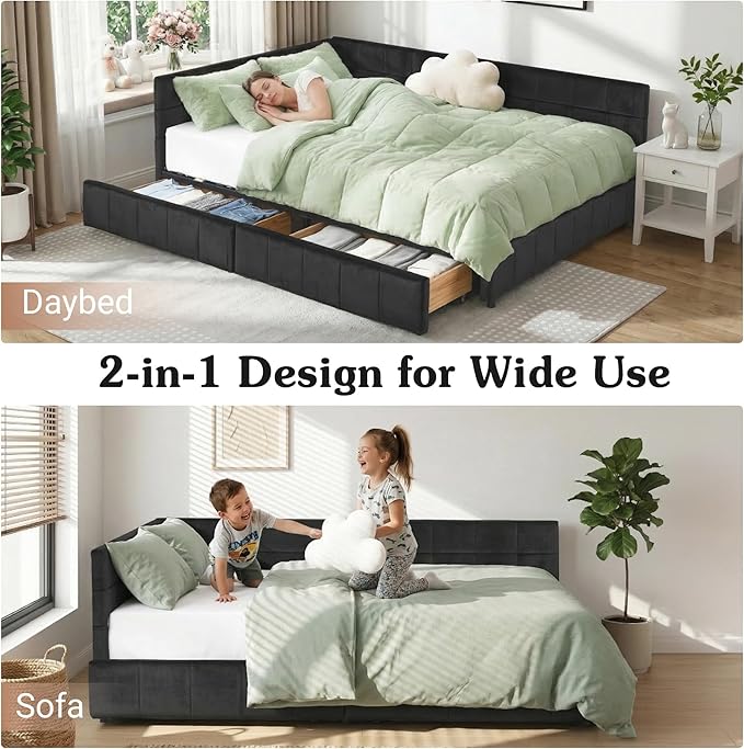 Queen Corner Bed Frame with Storage Drawers Modern Velvet Upholstered Sofa Day Bed Frame with Wood Slats for Living Room Bedroom Guest Room No Box Spring Needed Black