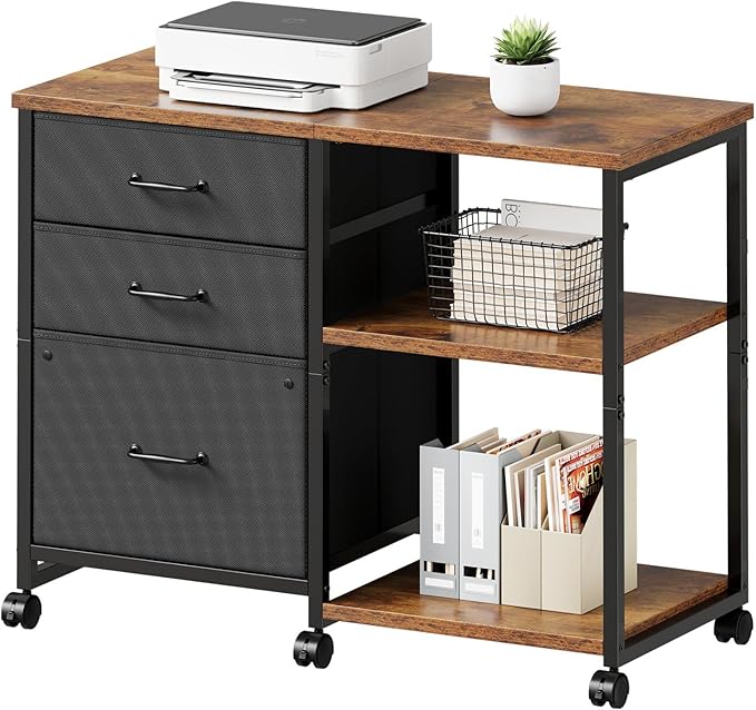 3 Drawer File Cabinet with Wheels Rolling Printer Stand with Open Storage Shelf Fabric Lateral Filing Cabinet for Home OfficeRustic Brown