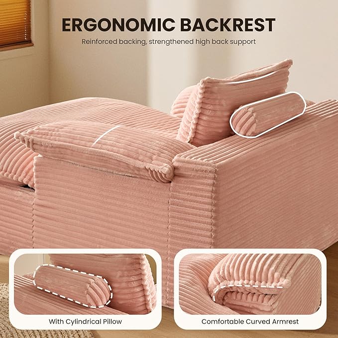 Chaise Lounge Chair Indoor Oversized Sleeping Couch 67L *53W Assembly Free Modern Minimalist Sofa With Comfy Curved Armrest Extra Deep Large Single Sofa for Living Room(Pink Plush Fabric)
