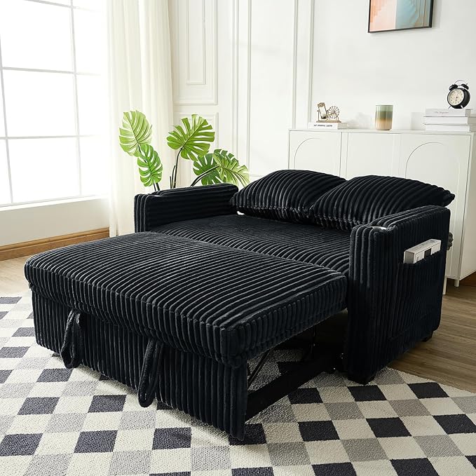 Antetek Pull Out Sofa Bed Futon Convertible Modern Corduroy Loveseat Chaise Lounge Sofa Couch with USB Charging Ports &amp Cup Holders for Guest Room Living Room Bedroom Adjustable Backrest Black