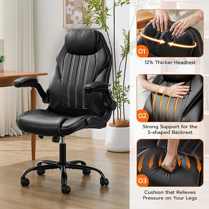 Office Desk Chair Ergonomic Computer Chair with Padded Flip-Up Arms and Adjustable Lumbar Support PU Leather Executive Chair with Tilt Lock and 360° Swivel Rolling Wheels for Work Study