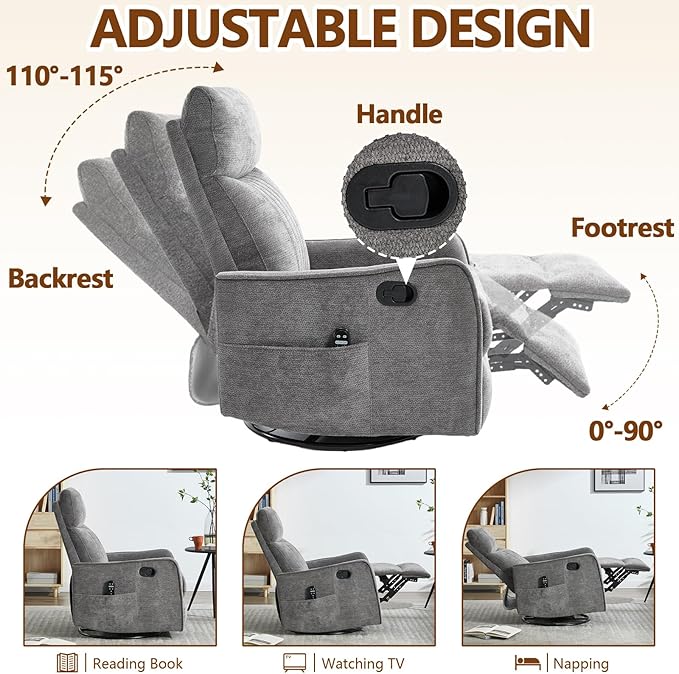 Massage Recliner Chair with Heat Slim Recliners for for Adults Swivel Rocking Chair Recliner with High Back Small Recliner Chair for Small Spaces Living Room Adjustable Footrest (Cinerous)