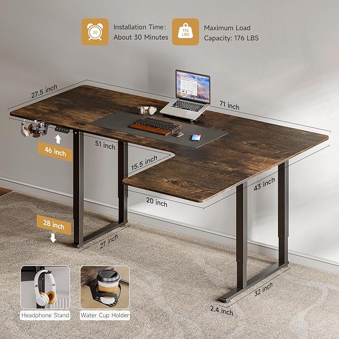 ONBRILL L Shaped Standing Desk 71x43 Inches Electric L Stand Up Desk with 4 Legs Dual Motor and Memory Controller Adjustable Height from 28-46 Inches for Home and Computer Workstation Rustic Brown
