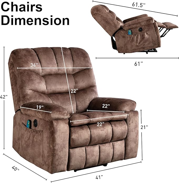 Bonzy Home Power Lift Recliner Chair for Elderly Electric Lift Chair with Massage &amp Heat Upholstered Single Sofa with 2 Hidden Cup Holders USB Charge Port Side Pockets for Living Room Dark Br