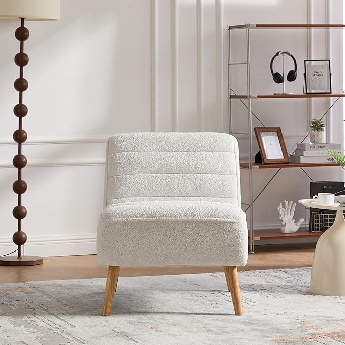 GDFStudio 24.4 Wide Modern Accent Chair Armless Upholstered Lounge Chair with Chenille Fabric &amp Rubber Wood Legs Compact Space-Saving Design for Living Room Bedroom Office - Ivory