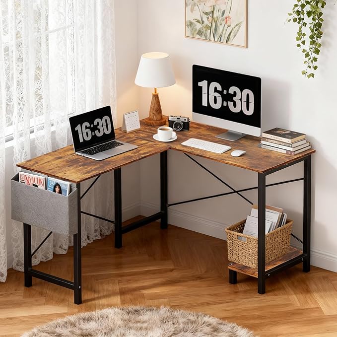 OLIXIS L Shaped Desk 50-Inch Office Computer Gaming Desks Corner PC Table with Side Bag and Reversible Shelf for Home Work Study Writing Rustic Brown