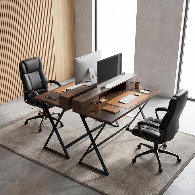 Manora Computer Desk with Drawers and Monitor Stand 47 Home Office Desk with Storage Shelf Rustic Brown Writing Study Table with Metal Frame for Bedroom Workstation for Laptop PC