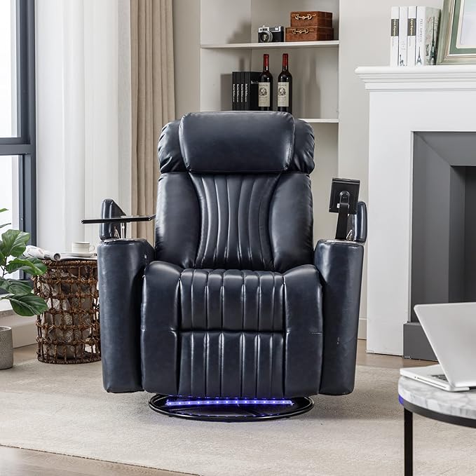 Merax 270 Degrees Power Swivel ReclinerHome Theater Seating with Hidden Arm Storage and LED Light StripCup Holder360 Degrees Swivel Tray Tableand Cell Phone HolderSoft Living Room ChairBlue