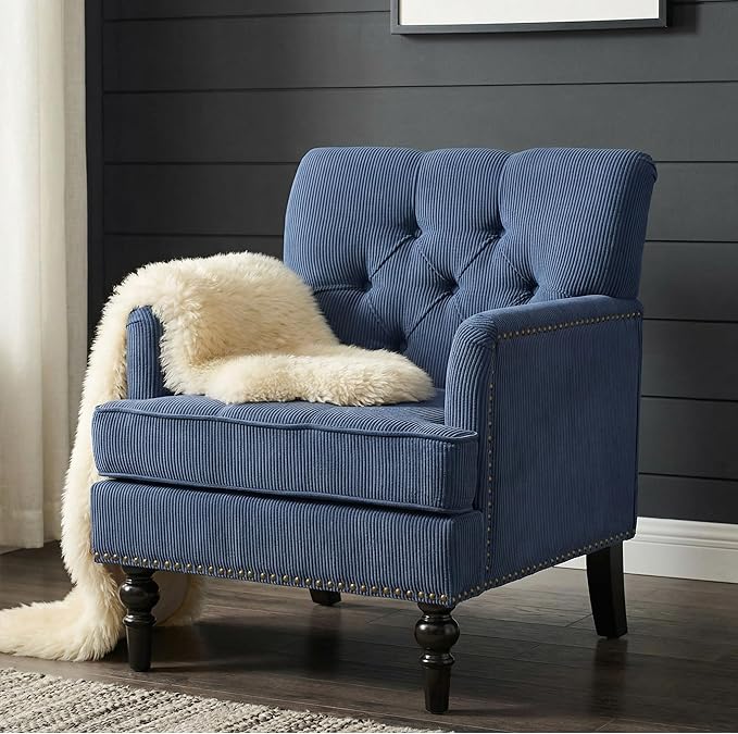 Accent Armchair Tufted Club Chair Upholstered Button Armchair with Lumbar Pillow Linen Fabric Sofa Chairs for Bedroom Living Room Mid Century Modern Reading Chair with Studded Blue