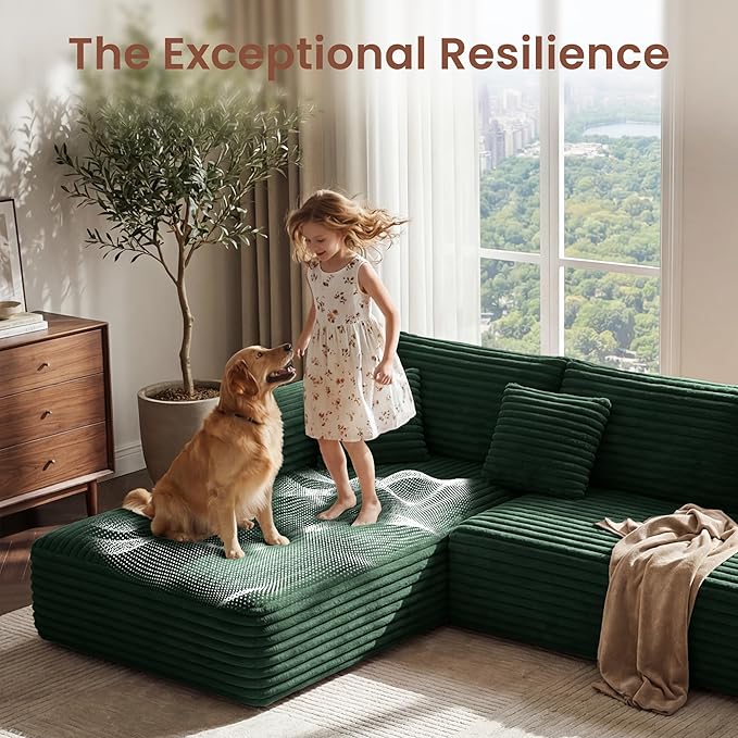 Modular Sectional Couch | CNest-LL 107 Left-Facing L-Shaped Cloud Sofa with High-Density Foam Boneless Floor Couch Cozy Thickened Corduroy Couch 1400lbs Support | Emerald Green