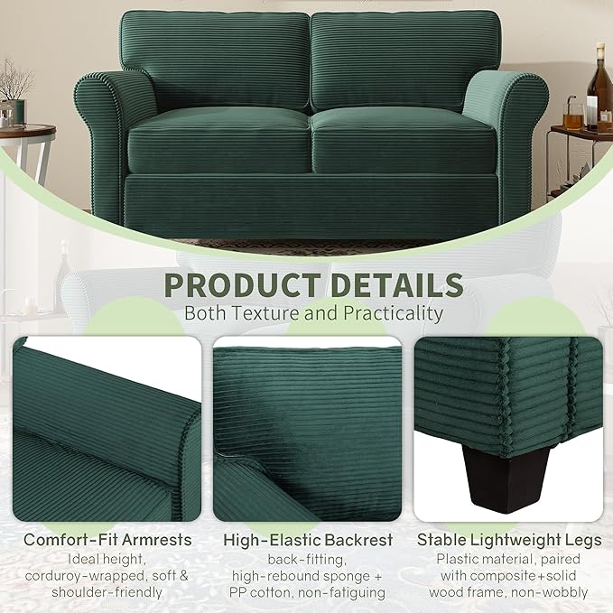 57 Loveseat Sofa Mid Century Modern Corduroy Couch with Thick Cushion 2 Seater Small Sofa for Living Room Bedroom Apartment Office Dark Green