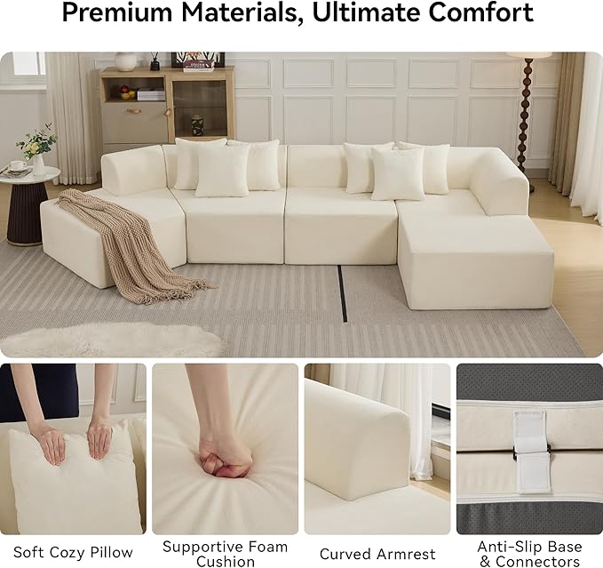 140''Oversized Cloud Velvet Curved Sectional Couch Boneless Couch with L-Shape Chaise Upholstered Compression Memory Foam Modular Sectional Sofa for Living Room No Assembly Required Beige