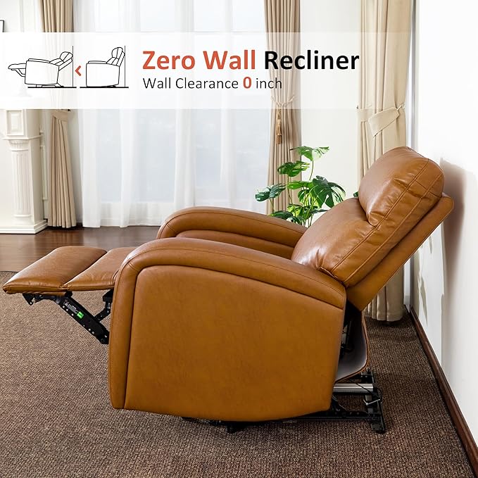 MCombo Zero Wall Recliner Chair Power Wall Hugger Recliner with USB &amp Type-C Dual Charge Ports for Small Space Living Room RV PR644 (Cognac Brown)
