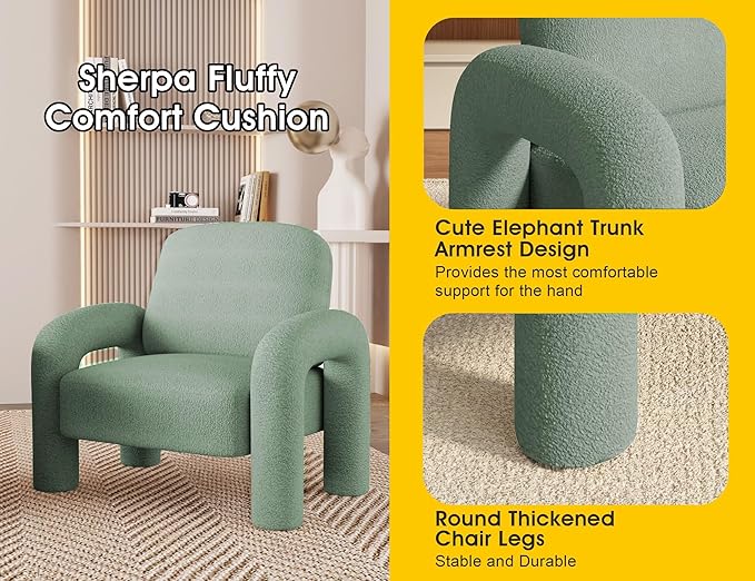 Modern Sherpa Accent Chair Teddy Upholstered Arm Single Sofa Cozy Fluffy Reading Chair for Living Room Bedrooms Corner (Mint Green)