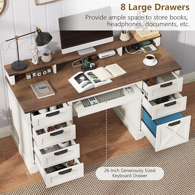 60 Farmhouse Executive Desk with 8 Drawers Wood Computer Desk with Keyboard Tray and Charging Station Home Office Desk Writing with File Drawer Fits A4 Size for Work and Study White and Brown