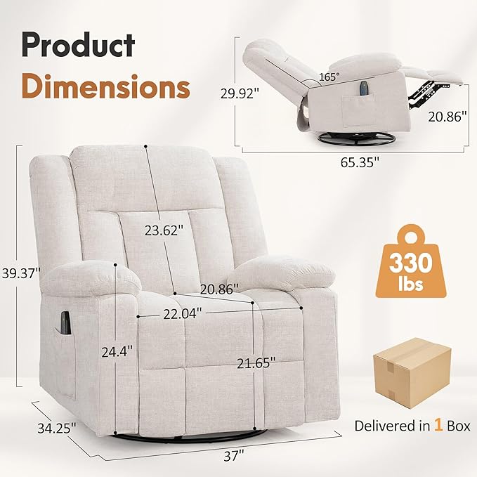 Rocker Recliner Chair for Adults 360° Swivel Rocker Recliner with Massage and Heating Nursery Rocking Chairs with Side Pockets Manual Reclining Chair for Living Room Bedroom or Nursery