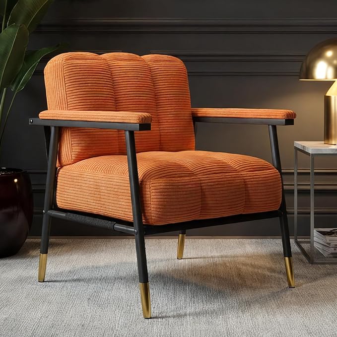 Accent Chair Mid-CenturyMetal FrameArmchairUpholstered Bedroom Chair for Living RoomOfficeReading SpacesGuest RoomBrown