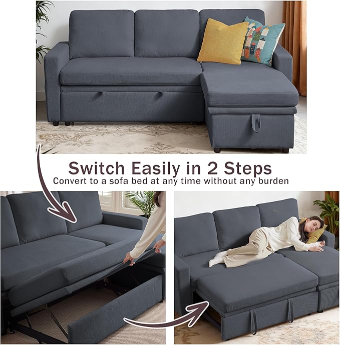 Convertible Sleeper Sofa Bed 79 Pull Out Bed L-Shape Sectional Couch with Reversible Storage Chaise Soft Cushions 3 in 1 Modern Pullout Bed for Living Room Dark Grey