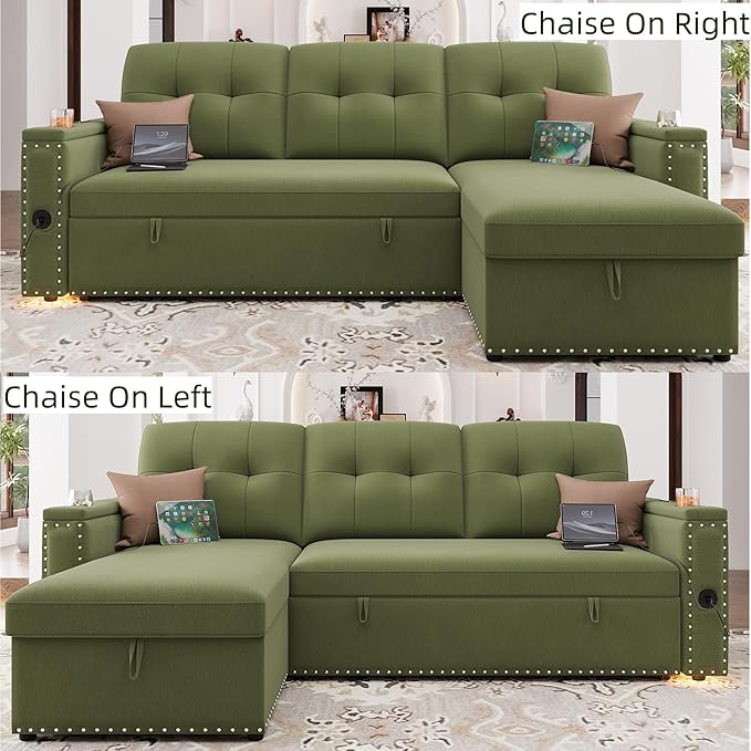 HIFIT Sleeper Sofa Bed- 81 L Shaped Pull Out Couches for Living Room with Storage Chaise Storage Armrest LED Light&ampUSB Port&ampCupholder Modern Velvet Sectional Home Sofa Living Room Furnitur