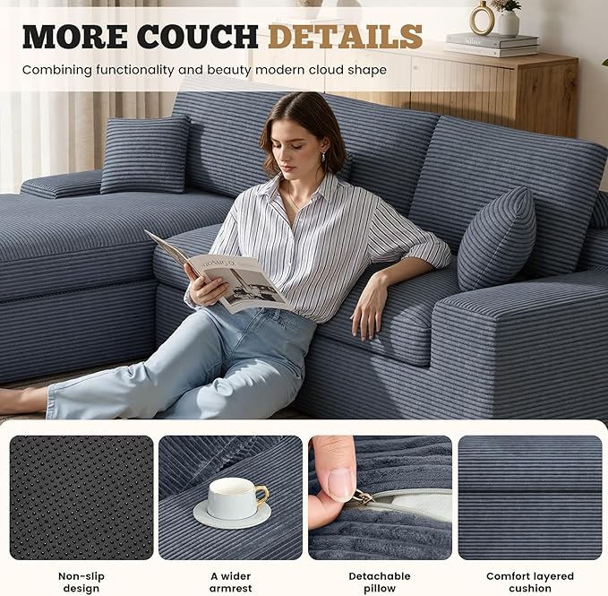 112 Modular Sectional Sofa for Living Room Convertible L-Shape Couch with OttomanCloud Boneless Couch with Layered CushionGary Corduroy