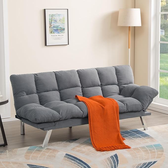 67” Convertible Futon Couch Bed Adjustable Pillow Top Arm Memory Foam Cloud Futons Loveseat Modern Light Gray Corduroy Mini Small Sofa Couches for Living Room